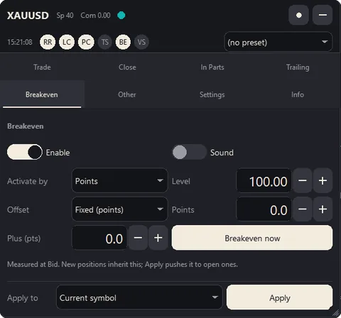 Breakeven tab: breakeven activated after 100 points, with a fixed offset and a Breakeven now button.