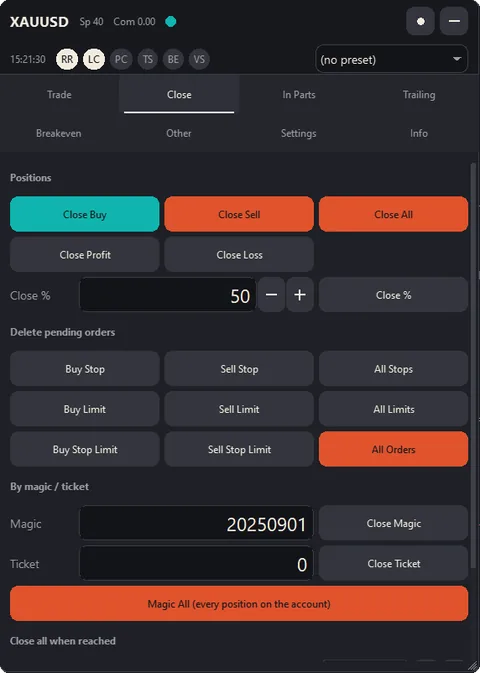 Close tab: close buy, sell or all positions, the profitable or losing ones or a percentage, delete pending orders by type, and close by magic number or ticket.