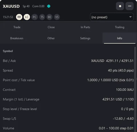 Info tab, symbol facts.