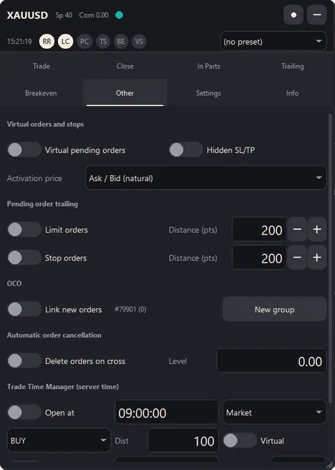 Other tab: virtual pending orders, hidden stop loss and take profit, pending order trailing, OCO order groups, automatic order cancellation and the trade time manager.