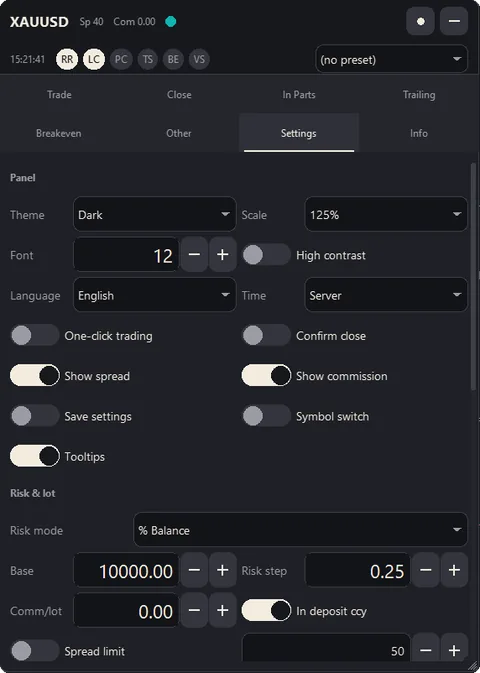 Settings tab: theme, panel scale, font, language, one-click trading, tooltips and the risk and lot settings.