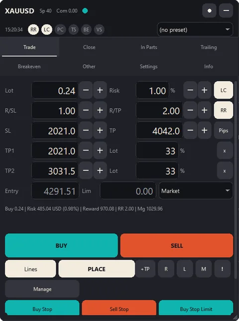 Trade tab with two extra take-profit levels.